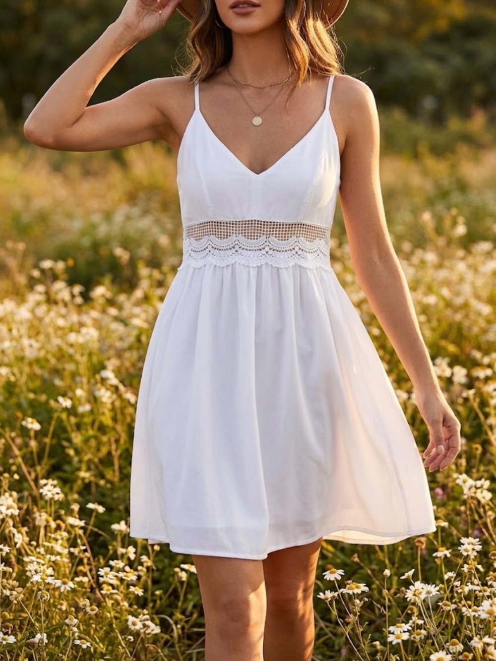 White Lace-Trim Spaghetti Strap Mini Dress/BabyDoll style